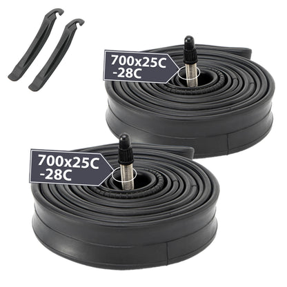 Hycline road bike inner tube for 700×25C tires, suitable for 35C, shown inflated with valve and rubber tube.