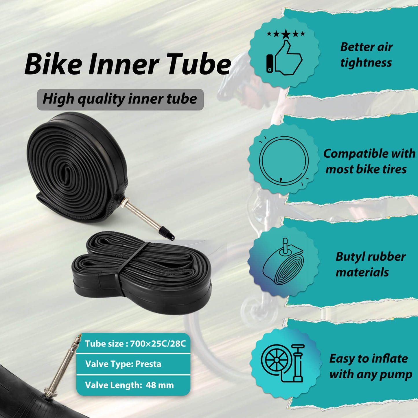 Hycline road bike tire inner tube for 700×25C and 35C tires, shown in a close-up image of the bike tube.