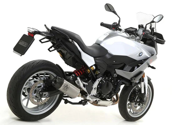 Arrow Titanium Slip-on Exhaust for Indy Race F900R/XR 2020-2024, showing sleek titanium finish and exhaust tips.