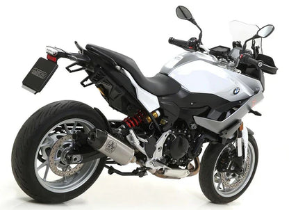 Arrow Titanium Slip-on Exhaust for Indy Race F900R/XR 2020-2024, showing sleek titanium finish and exhaust tips.