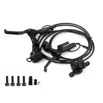 Hycline Tektro HD-E350 hydraulic disc brake set for electric bikes, includes front and rear brakes with rotors and IS adapter.