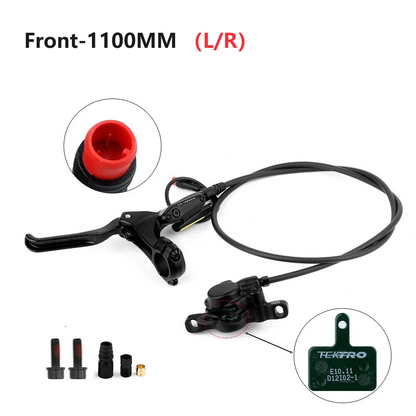 Hycline Tektro HD-E350 hydraulic disc brake set for electric bikes, front and rear with rotors and IS adapter installed.