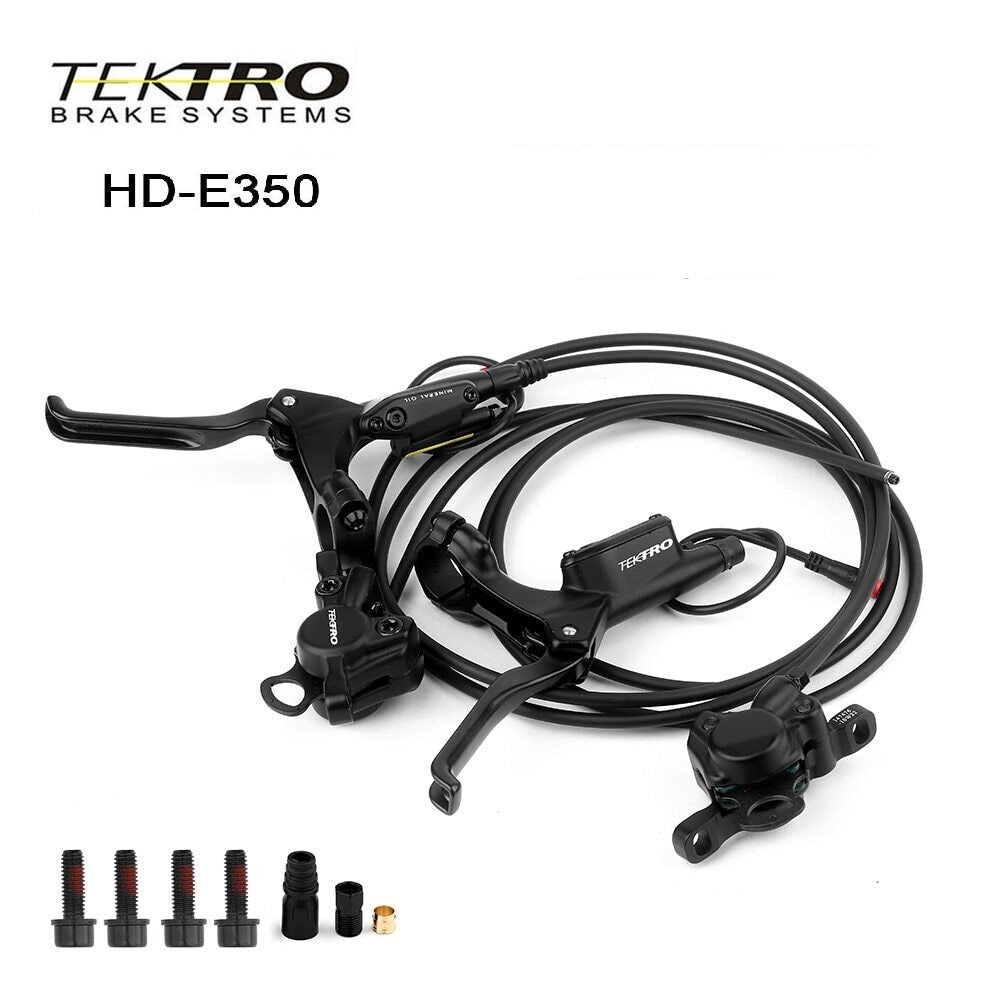 Hycline Tektro HD-E350 hydraulic disc brake set for electric bikes, includes front and rear brakes with rotors and IS adapters