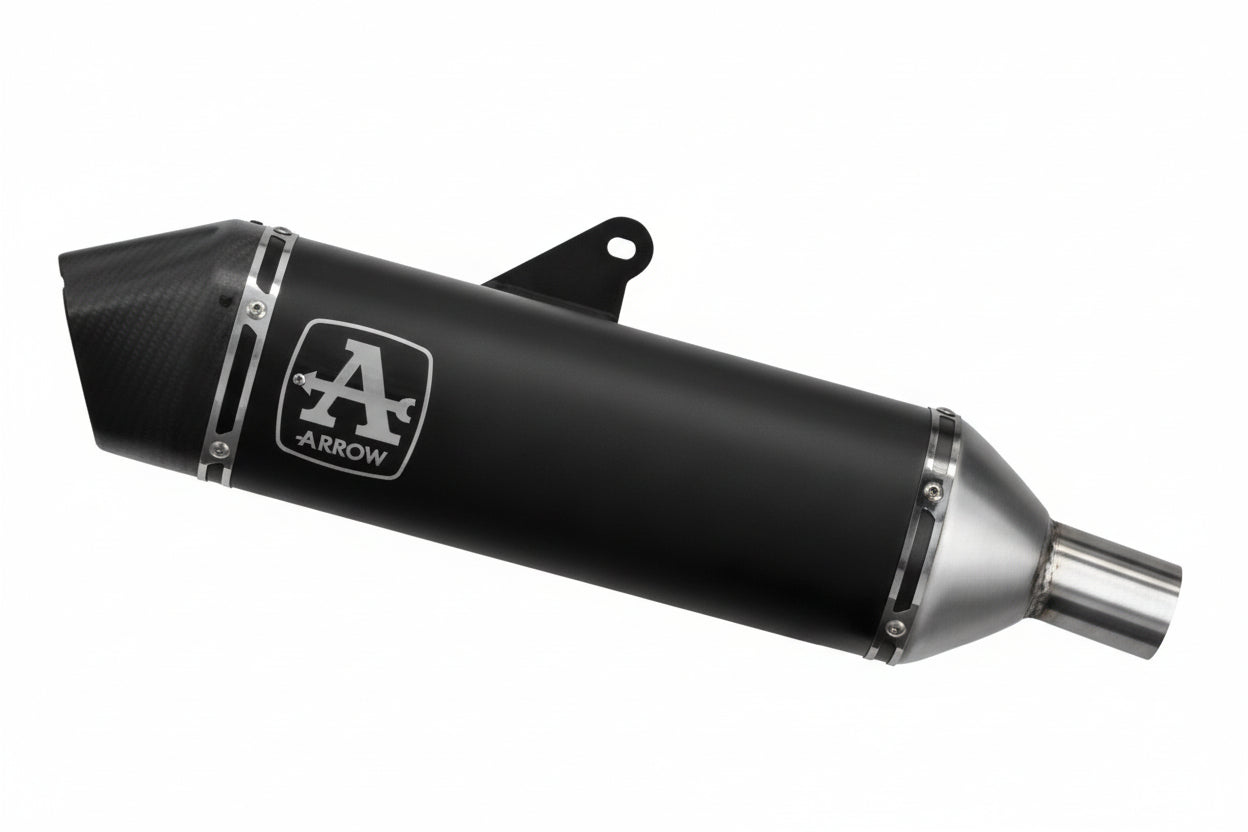 Bill's Exhausts Arrow Veloce slip-on motorcycle exhaust for Tiger 850 and 900 models, shown installed on the bike.