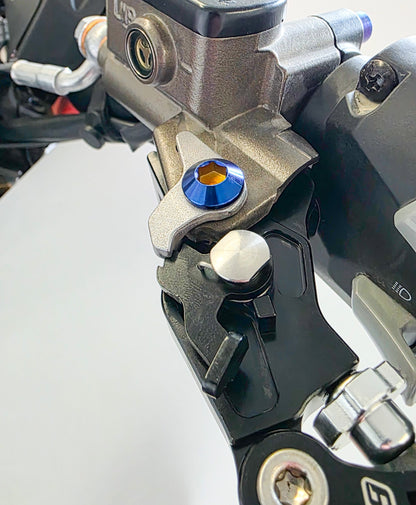 Warp 9 Racing shorty titanium lever pivot bolts in burnt blue for Sur-Ron Ultra Bee, made of Grade 5 titanium.