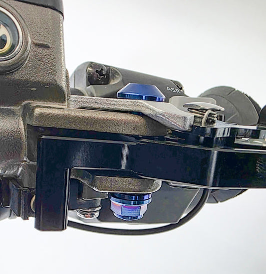 Warp 9 Racing shorty titanium lever pivot bolts in burnt blue for Sur-Ron Ultra Bee, made from Grade 5 titanium.