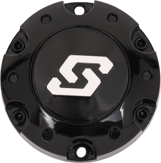 Sedona 570-9111 4/110 gloss black automotive wheel center cap by SEDONA, featuring a sleek, shiny finish and circular design.