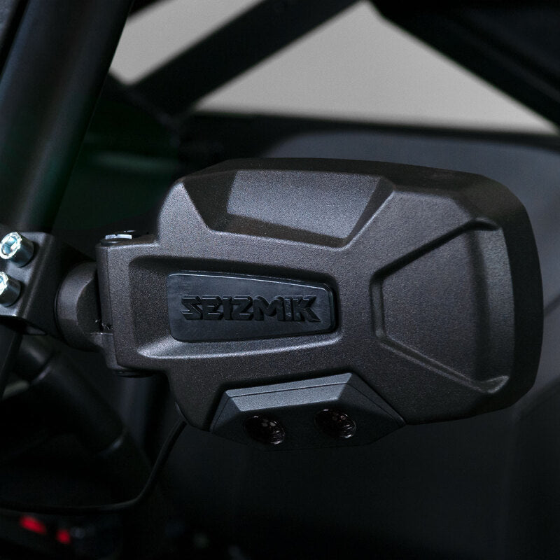 Seizmik Pursuit Night Vision LED sideview mirror for UTVs with adjustable clamp and white-green Cree LED illumination.