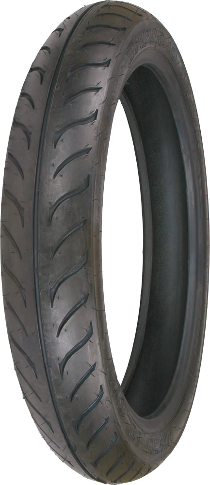 SHINKO 611 Series front motorcycle tire, 21-inch bias tire with aramid belt, featuring tread pattern for enhanced grip and durability.