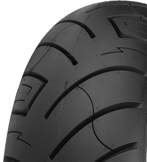 Shinko 777 Cruiser HD front tire 100/90B19 with reflective sidewall for enhanced visibility, designed for cruiser motorcycles.