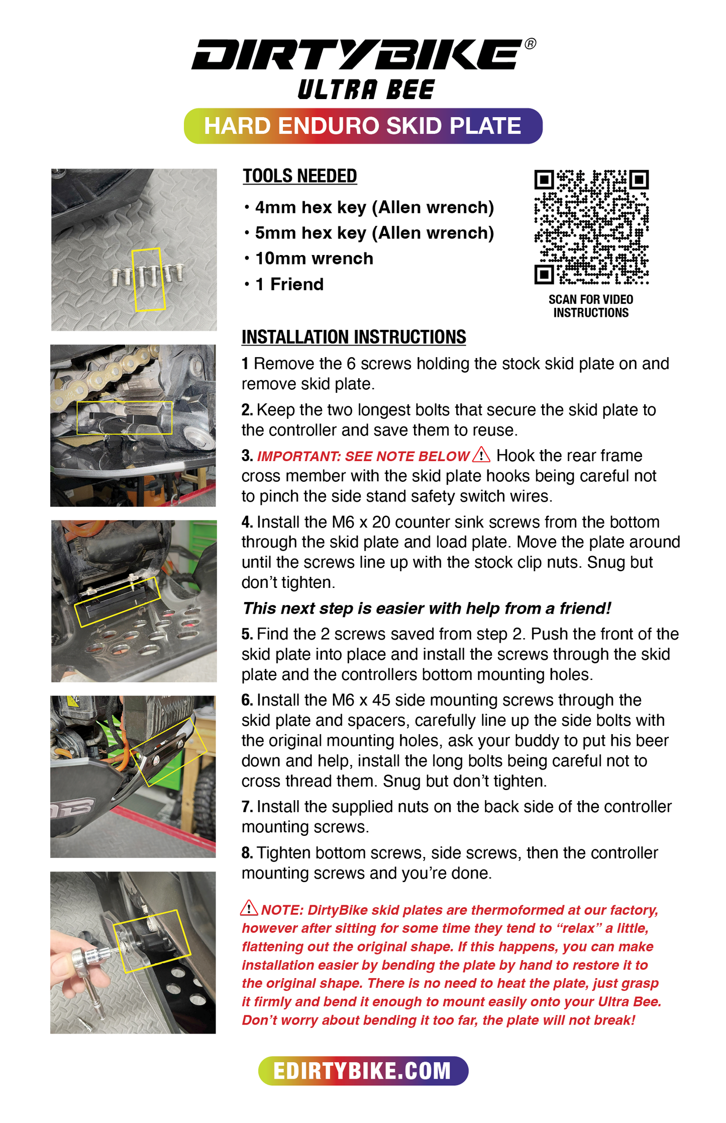 eDirtyBike Surron Ultra Bee skid plate with installation instructions, showcasing protective motorcycle armor for off-road riding.
