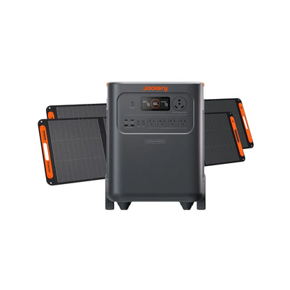 Jackery Solar Generator HomePower 3600 Plus with multiple power outlets and solar panel input, portable home backup power solution.