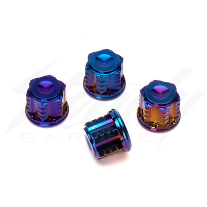 Chimera Engineering closed end titanium M10x1.25 universal nuts for sprockets, wheels, and shocks, shown in a motorcycle hardware setting.