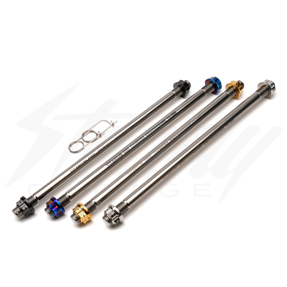 Steady Garage Chimera Engineering GR-5 titanium axle shaft with nuts, M12 x 265mm, front fitment for Grom, Monkey, and Dax motorcycles.