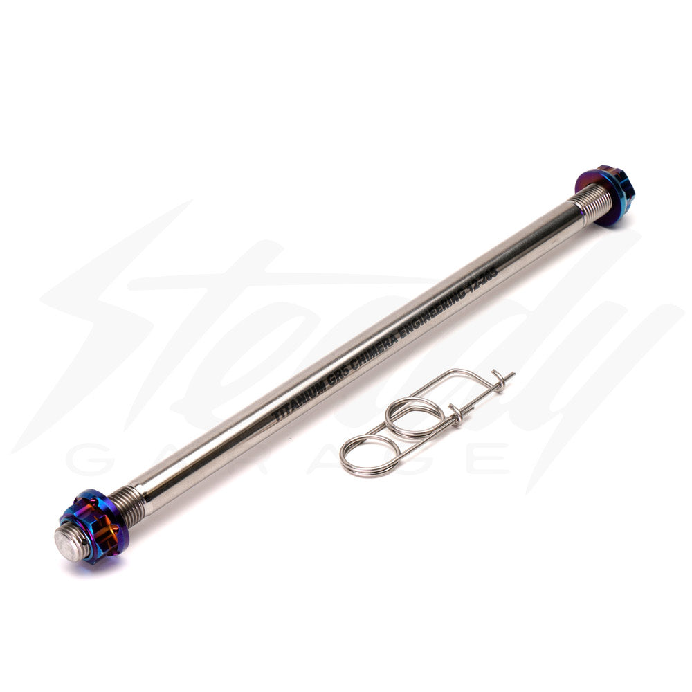 Steady Garage Chimera Engineering GR-5 titanium axle shaft with nuts for Honda Grom rear, M12 x 310mm length, universal fitment.