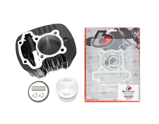 TBParts 149cc Big Bore Kit with 55mm forged piston for 2022+ Grom and Monkey125 bikes, shown with components and packaging.