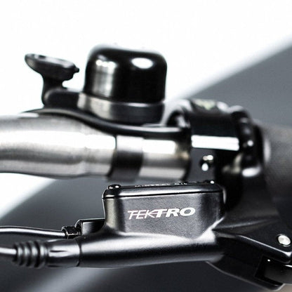 Hycline Tektro HD-E350 hydraulic disc brake set for electric bikes with front and rear brakes, rotors, and IS adapter installed.