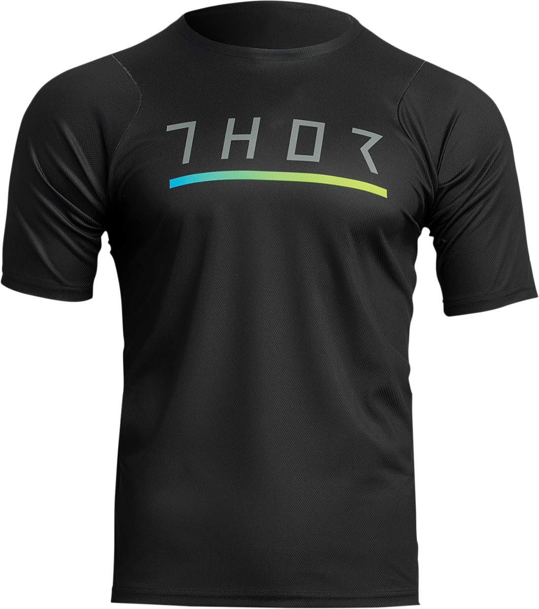 Black THOR Assist Caliber short-sleeve mountain biking jersey in XL, featuring a lightweight, breathable fabric and performance design.