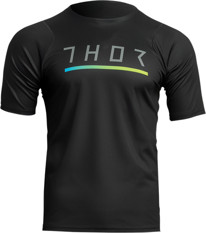Black THOR Assist Caliber short-sleeve mountain biking jersey in XL, featuring a lightweight, breathable fabric and performance design.