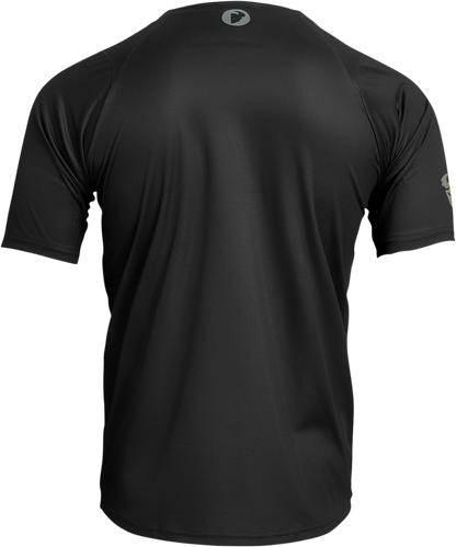Black THOR Assist Caliber short-sleeve jersey in XL with breathable fabric and logo details, designed for motocross riding.