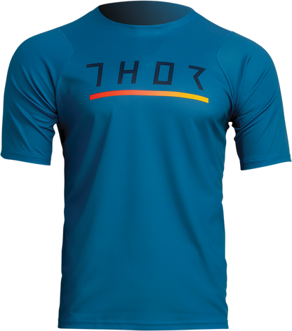 THOR Assist Caliber short-sleeve jersey in teal, medium size, with breathable fabric and athletic fit for biking or casual wear.