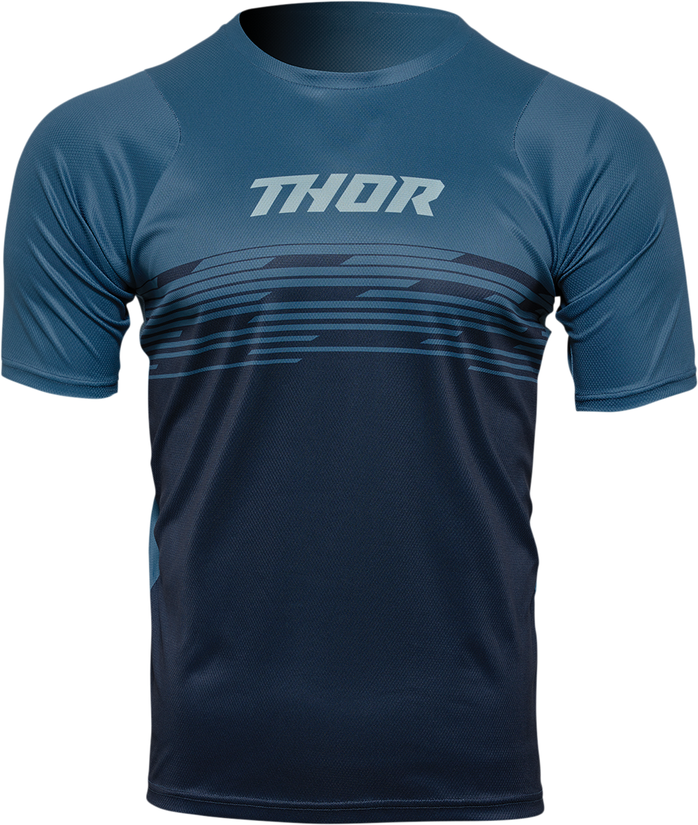 THOR Assist Shiver MTB jersey in teal and midnight, short-sleeve, 2XL size, with breathable fabric and MTB branding.