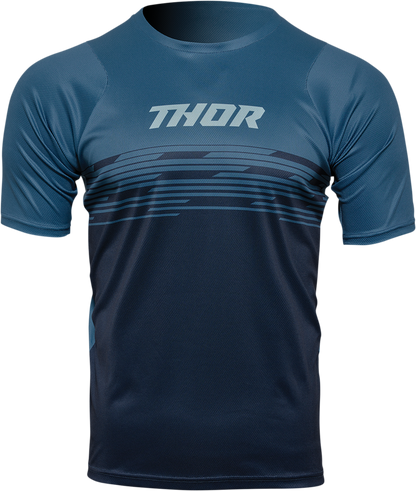 THOR Assist Shiver MTB jersey in teal and midnight, short-sleeve, 2XL size, with breathable fabric and MTB branding.