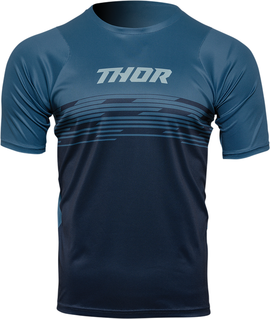 THOR Assist Shiver MTB jersey in teal and midnight, short-sleeve, 2XL size, with breathable fabric and MTB branding.