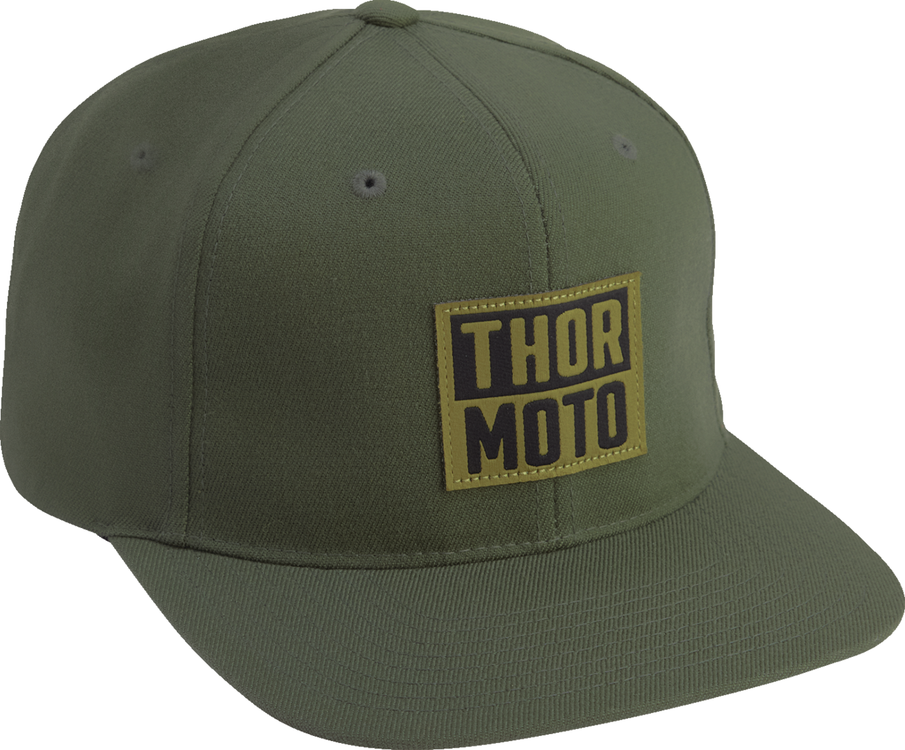 THOR Built Army green six-panel snapback hat with woven patch, adjustable strap, and structured design.