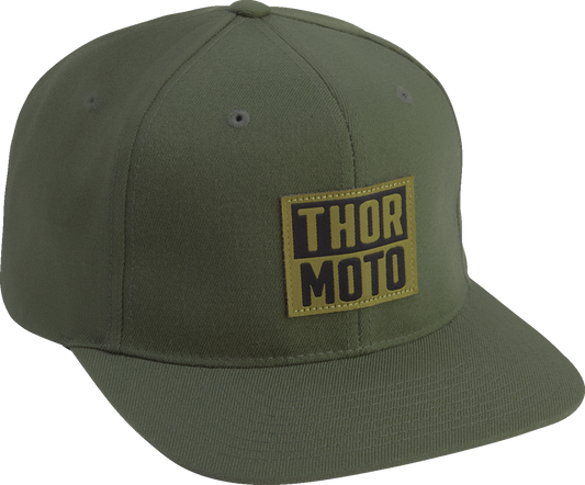 THOR Built Army green six-panel snapback hat with woven patch, adjustable strap, and structured design.