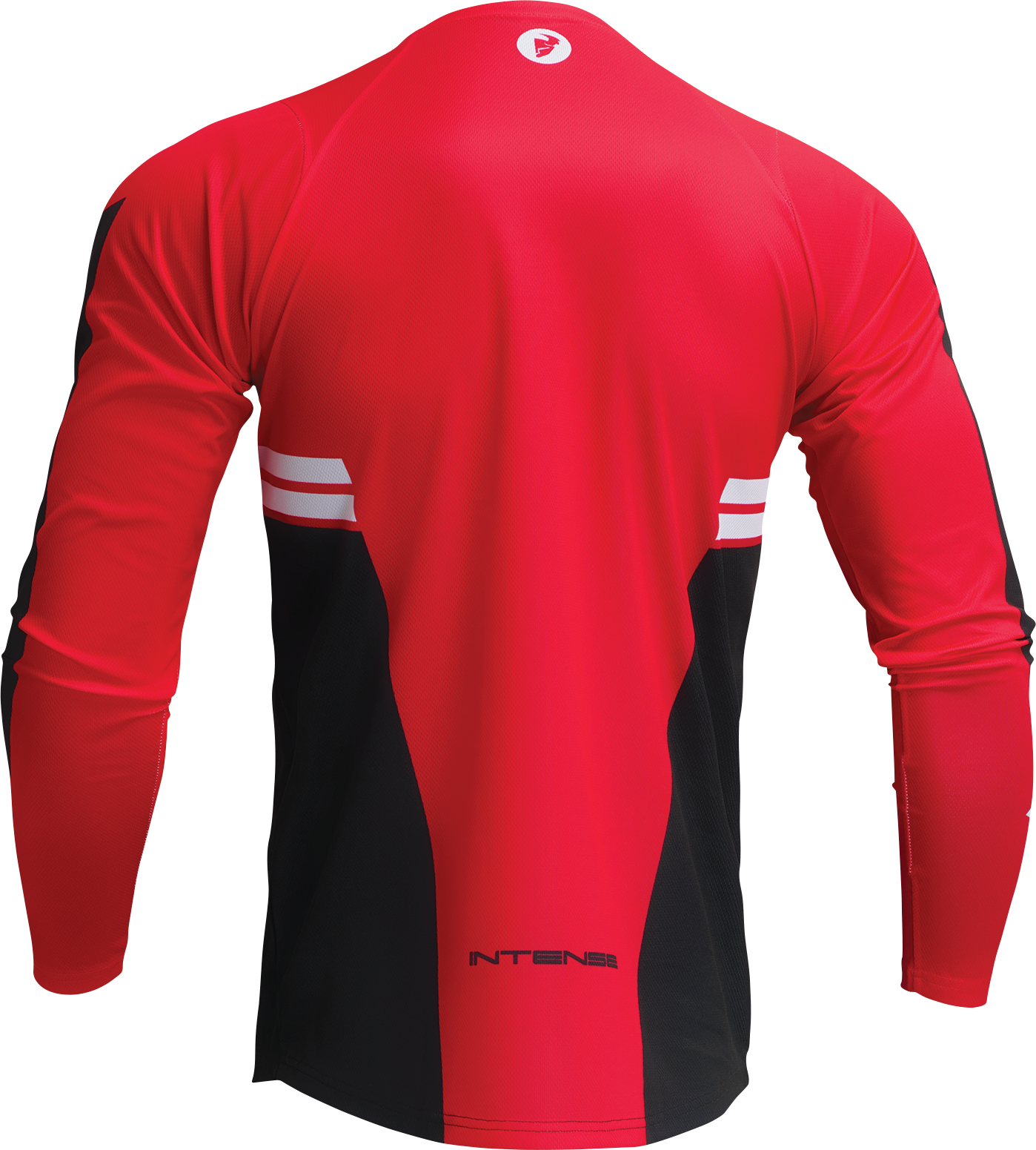 Red and black THOR Intense Assist Berm long-sleeve jersey in large size, featuring breathable fabric and motocross-style design.