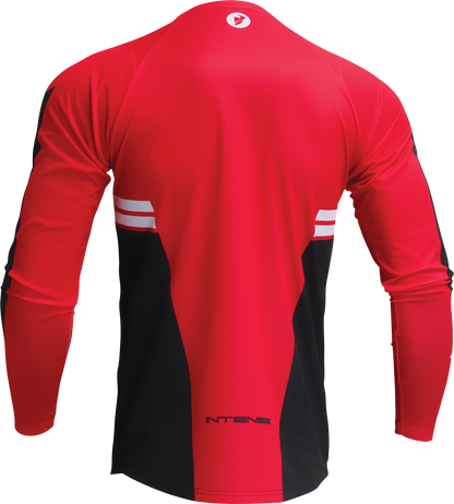 Red and black THOR Intense Assist Berm long-sleeve jersey in large size, featuring breathable fabric and motocross-style design.