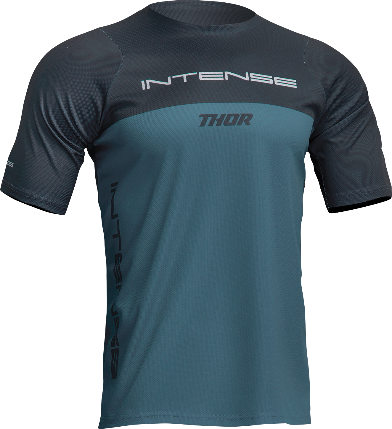 THOR Intense Assist Censis short-sleeve cycling jersey in teal and midnight, medium size, featuring a comfortable fit and breathable fabric.