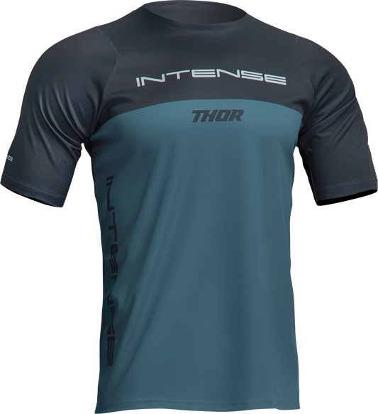 THOR Intense Assist Censis short-sleeve MTB jersey in teal and midnight, men's XL, lightweight cycling jersey.