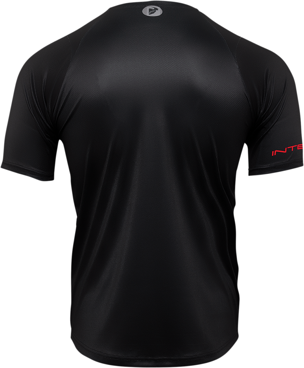 Black and gray THOR Intense Assist Chex short-sleeve jersey in size large, lightweight cycling apparel with branded details.