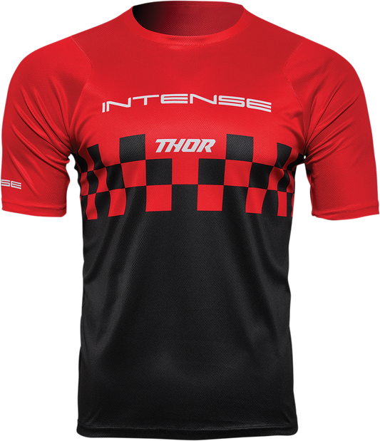 Red and black THOR Intense Assist Chex short-sleeve jersey with logo details, made for motorcycle riding.
