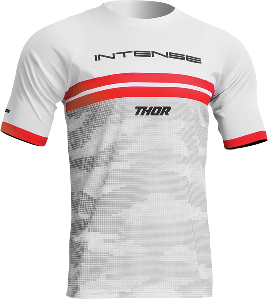 THOR Intense Assist Decoy short-sleeve jersey in white and camo, XL, with brand logo and camouflage design.