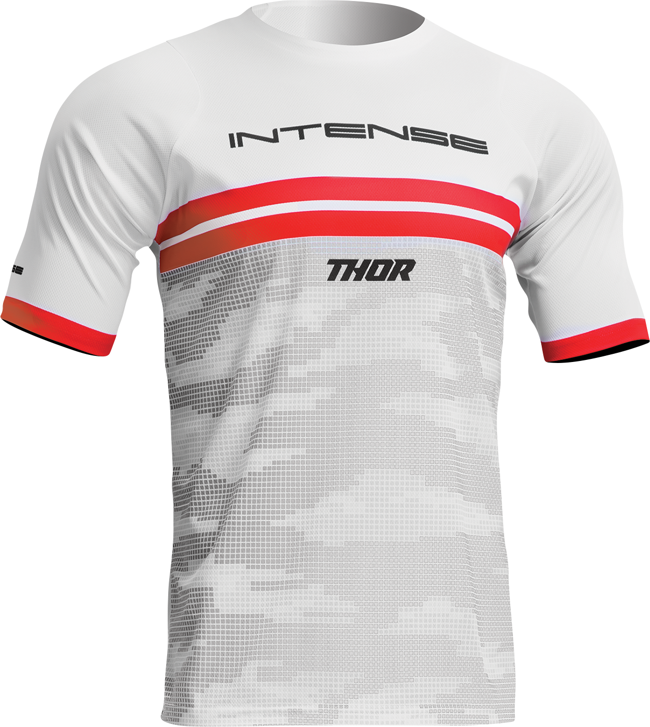 White and camo THOR Intense Assist Decoy short-sleeve jersey with THOR branding, size large, displayed flat.