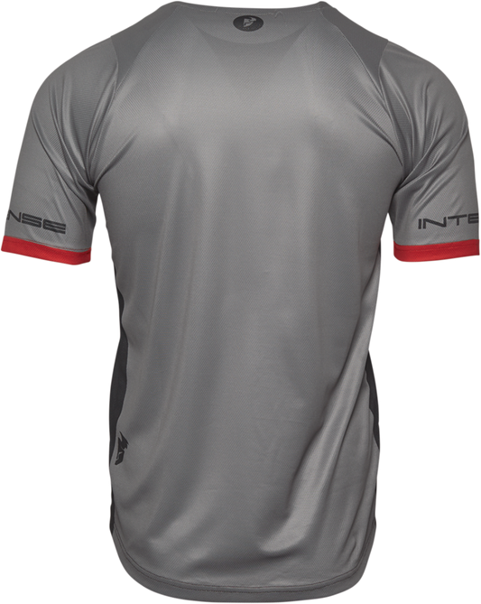 Black and Heather Gray THOR Intense Team short-sleeve cycling jersey, medium size, with breathable fabric and bold logo design.