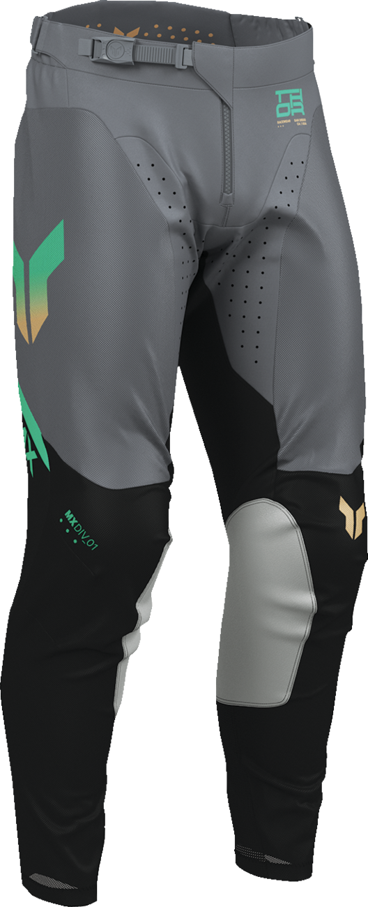 Black and charcoal THOR Launchmode Air Raptor motorcycle riding pants with durable, breathable fabric and reinforced knee protection.