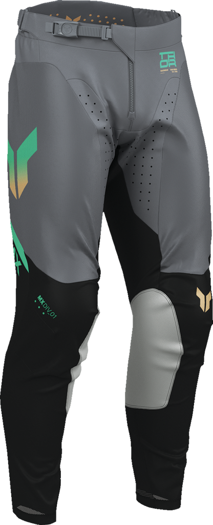 Black and charcoal THOR Launchmode Air Raptor motorcycle riding pants with durable, breathable fabric and reinforced knee protection.