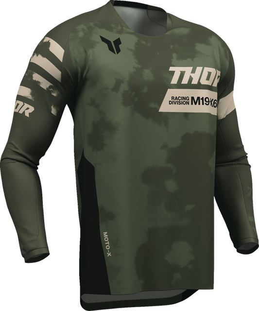 Black and camo Thor Launchmode Bleach Jersey in small size featuring Thor branding and athletic design.