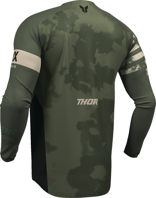 Black and camo Thor Launchmode Bleach Jersey in small size, featuring the Thor brand logo and design details.