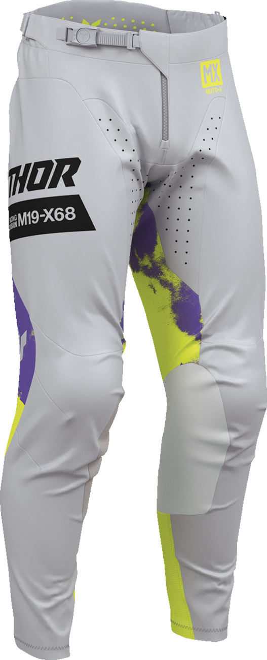 Gray and acid-colored THOR Launchmode Bleach Pants for motorcycle riding, US size 38, durable protective gear.