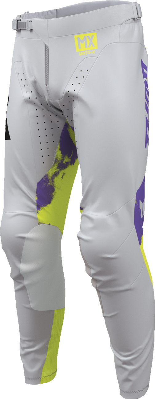Gray and acid-colored THOR Launchmode Bleach Pants for motorcycle riding, US size 38, featuring durable protective gear design.