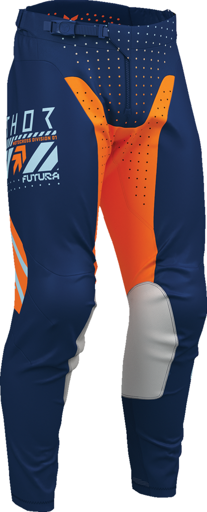 THOR Launchmode Futura riding pants in navy and orange, US size 28, showcasing durable fabric and ventilation features.