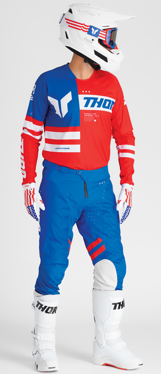 THOR Launchmode Patriot motorcycle pants in red, white, and blue with US size 30, featuring a durable riding gear design.