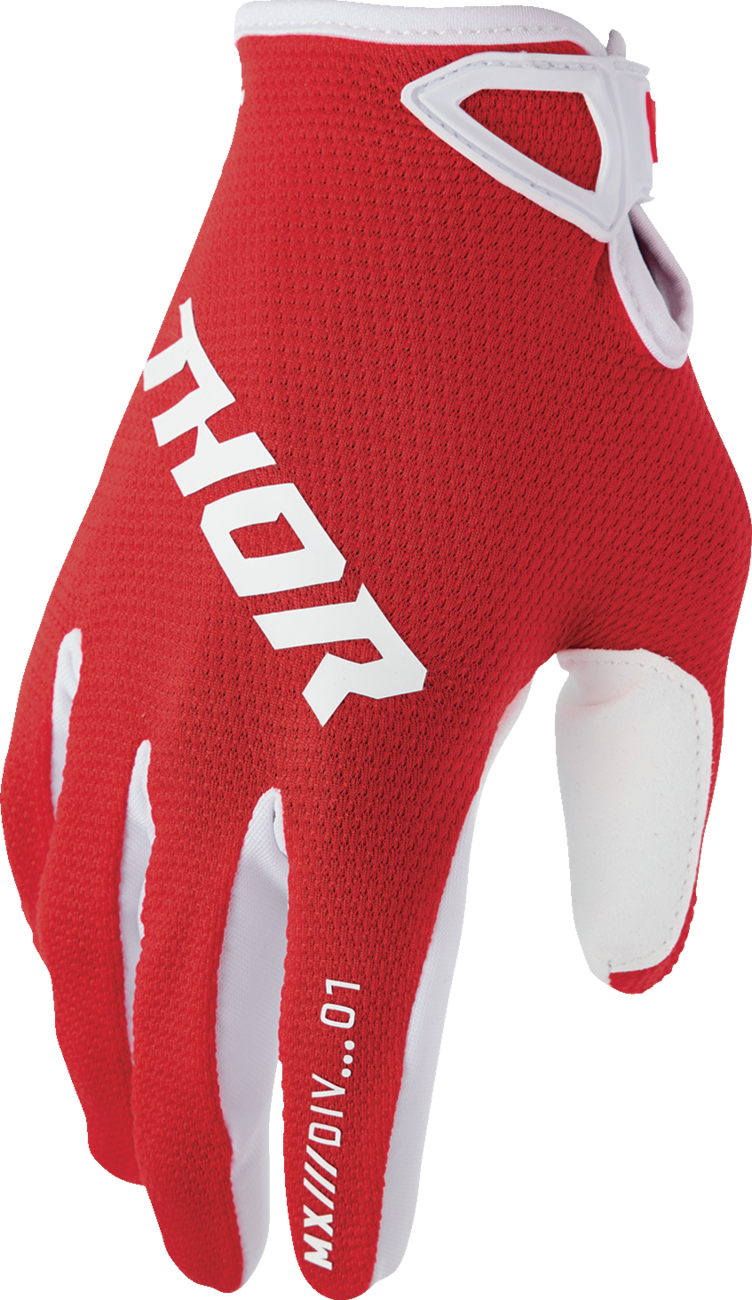 Red THOR Ridemode Static Gloves XS with reinforced palms and adjustable wrist strap, designed for motorcycle riding comfort and safety.