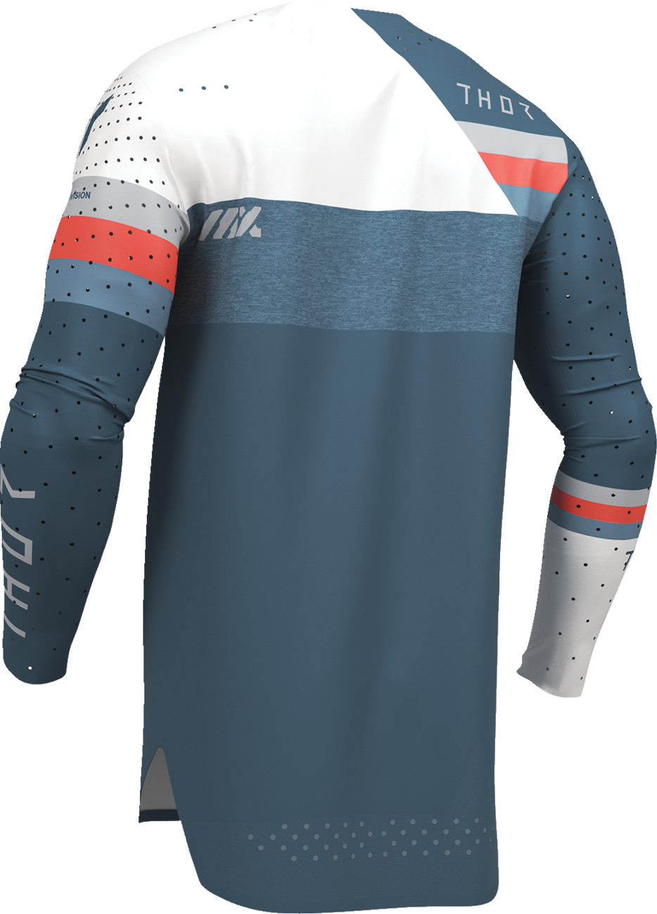 Blue and white THOR Sportmode League Jersey in medium size, featuring the THOR brand logo and sporty design details.