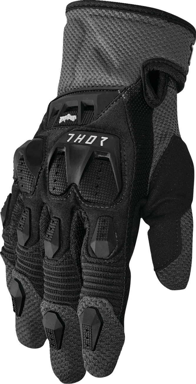 Black and charcoal THOR Terrain gloves in 2XL size, featuring durable construction and textured grip for motorcycle riding.